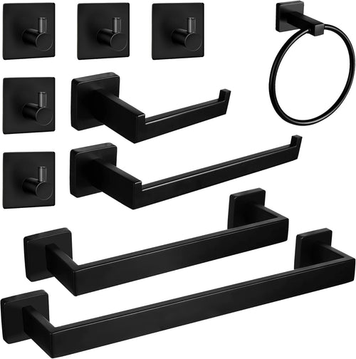 10-Piece Black Stainless Steel Bathroom Hardware Set - Wall-Mounted Towel Rack, Including 22" Hand Towel Bar, 17" Towel Holder, Toilet Paper Holder, Towel Ring, and 5 Hooks