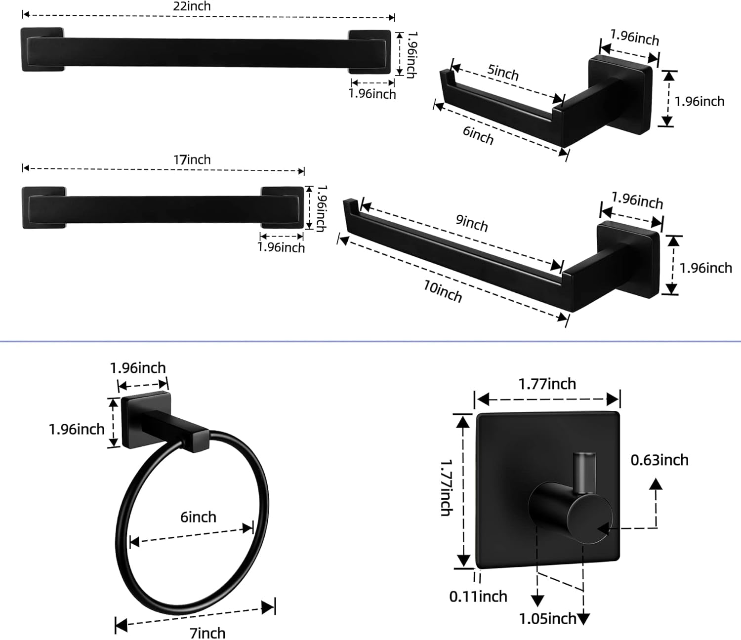 10-Piece Black Stainless Steel Bathroom Hardware Set - Wall-Mounted Towel Rack, Including 22" Hand Towel Bar, 17" Towel Holder, Toilet Paper Holder, Towel Ring, and 5 Hooks