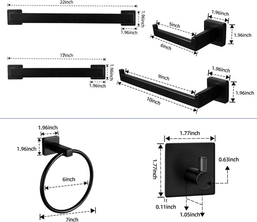10-Piece Black Stainless Steel Bathroom Hardware Set - Wall-Mounted Towel Rack, Including 22" Hand Towel Bar, 17" Towel Holder, Toilet Paper Holder, Towel Ring, and 5 Hooks